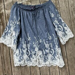 Roaman's Womens 22W Off The Shoulder Blouse Chambray And Lace Cotton Shirt Top